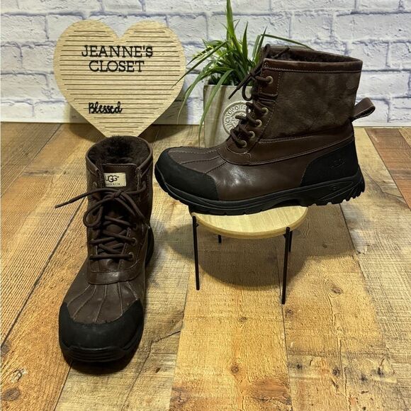 UGG Hilgard Men's 10.5 Brown Leather Ankle Shearling Vibram Snow Boot - Picture 1 of 12